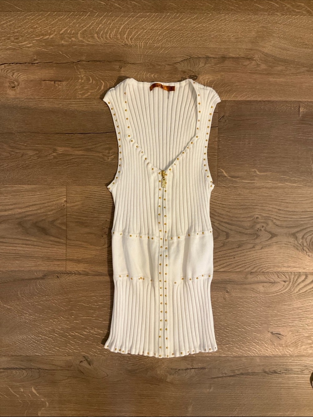 Belldini white stretchy, ribbed, zippered tank with gold bead detail, XL